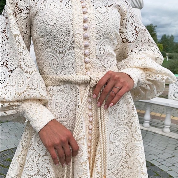 Embroidey Beige Dress Lantern Puff Sleeve Dress - Picture 4 of 16